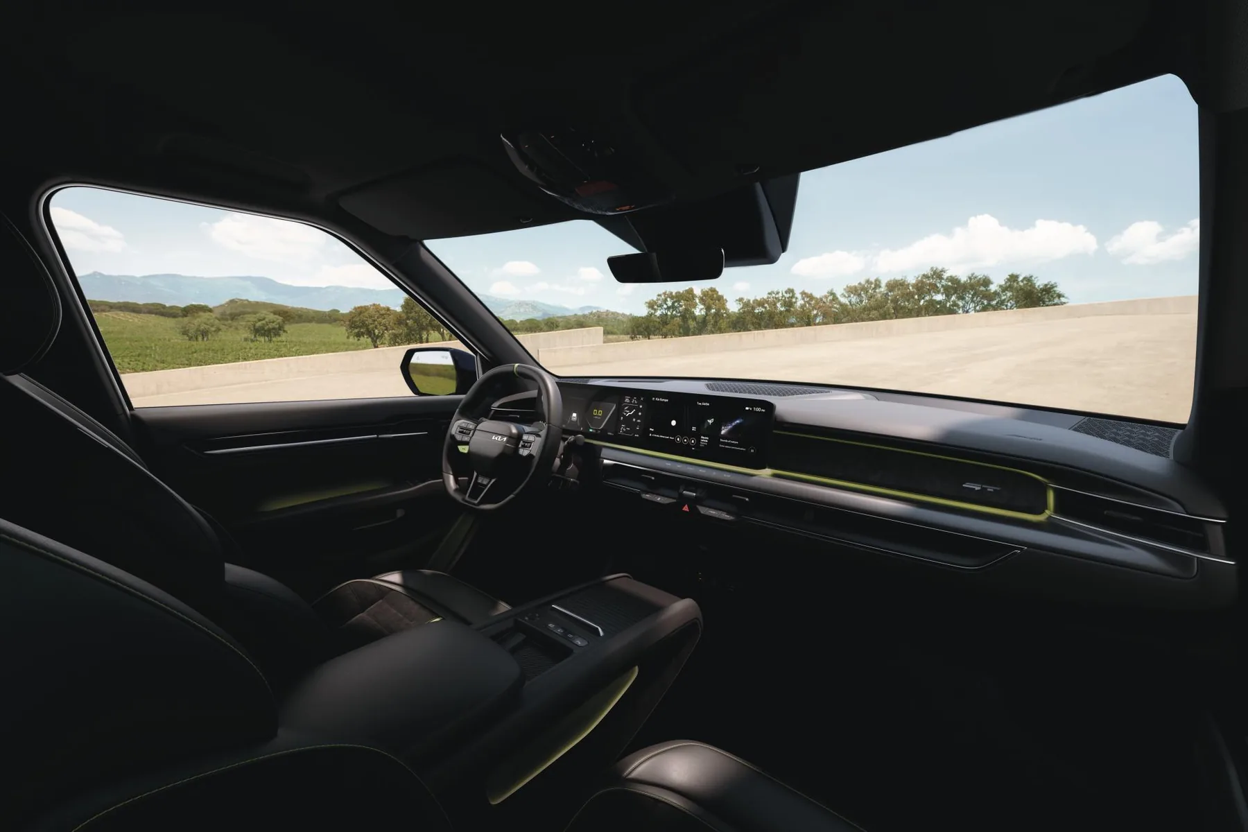 Innenraum des Kia EV9 GT mit Blick über das Armaturenbrett