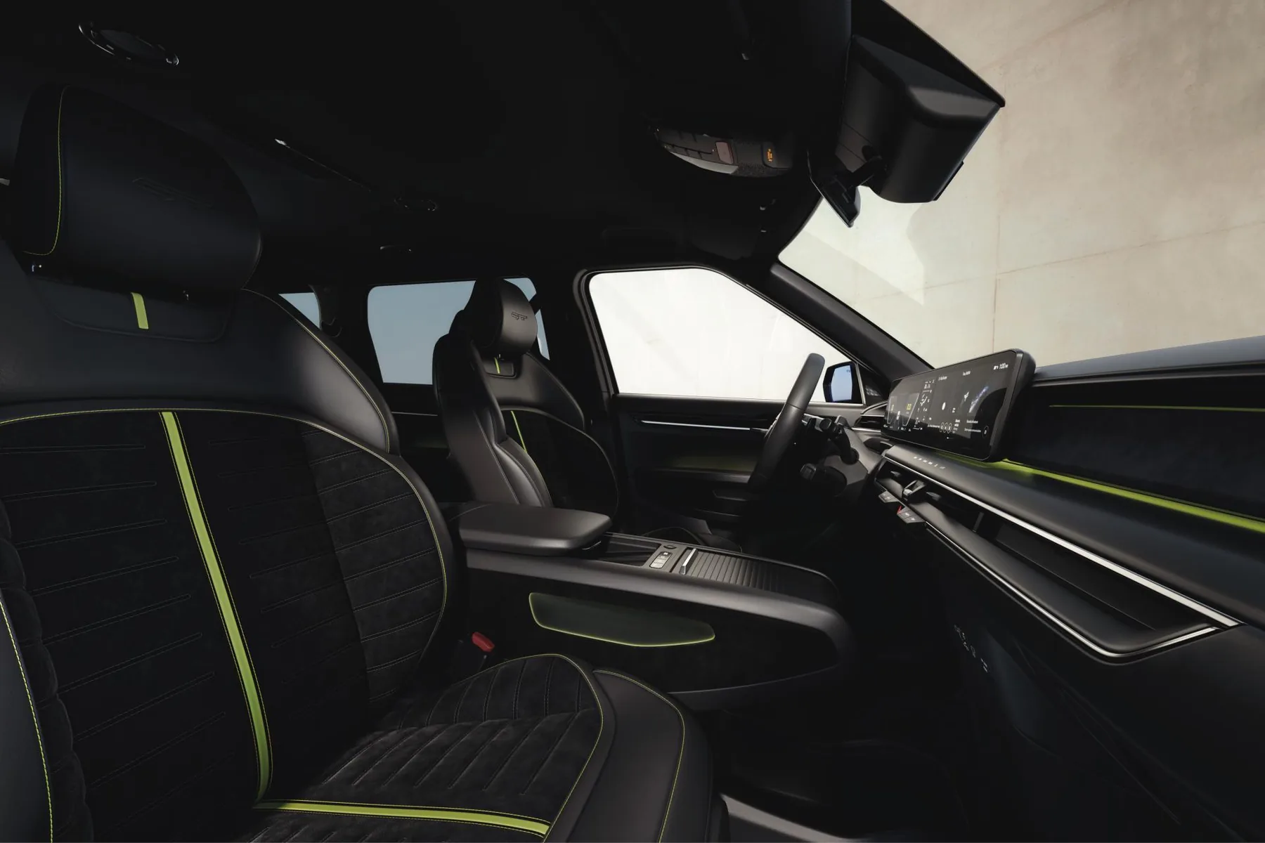 GT-Sportsitze im Kia EV9 GT mit neongrünen Akzenten