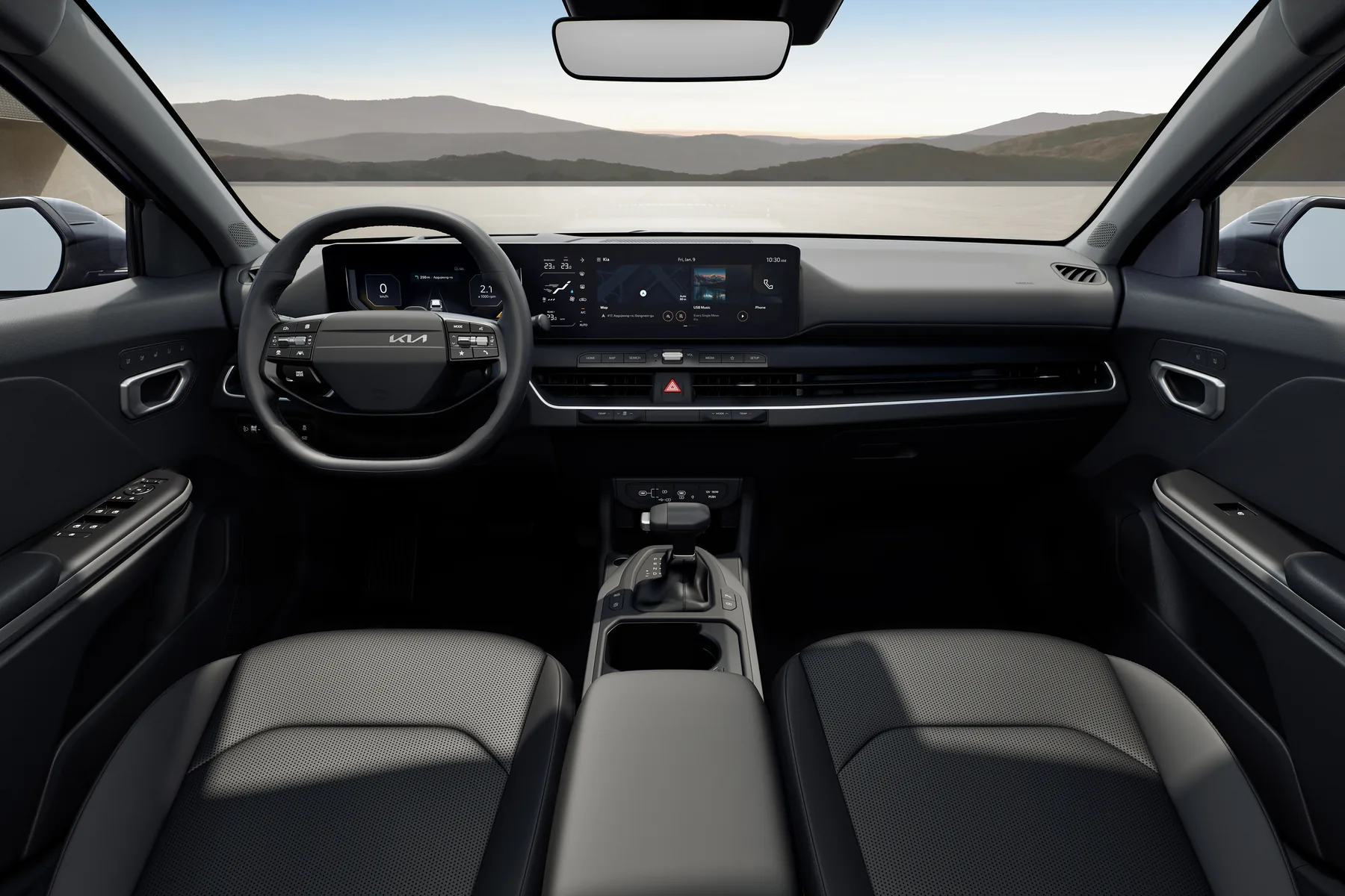 Innenraum des Kia K4 Sportswagon frontal mit Panoramadisplay und Mittelkonsole